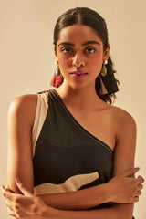 Monochrome Mirage Off-shoulder Dress