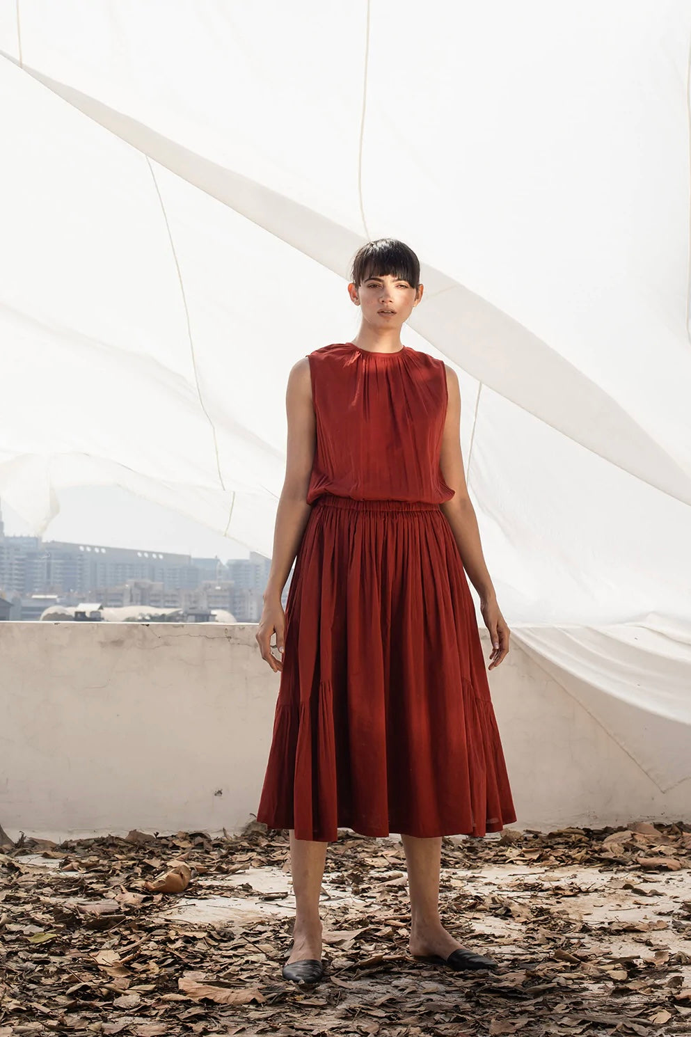 Primrose Path Sleeveless Midi Dress in Deep Red