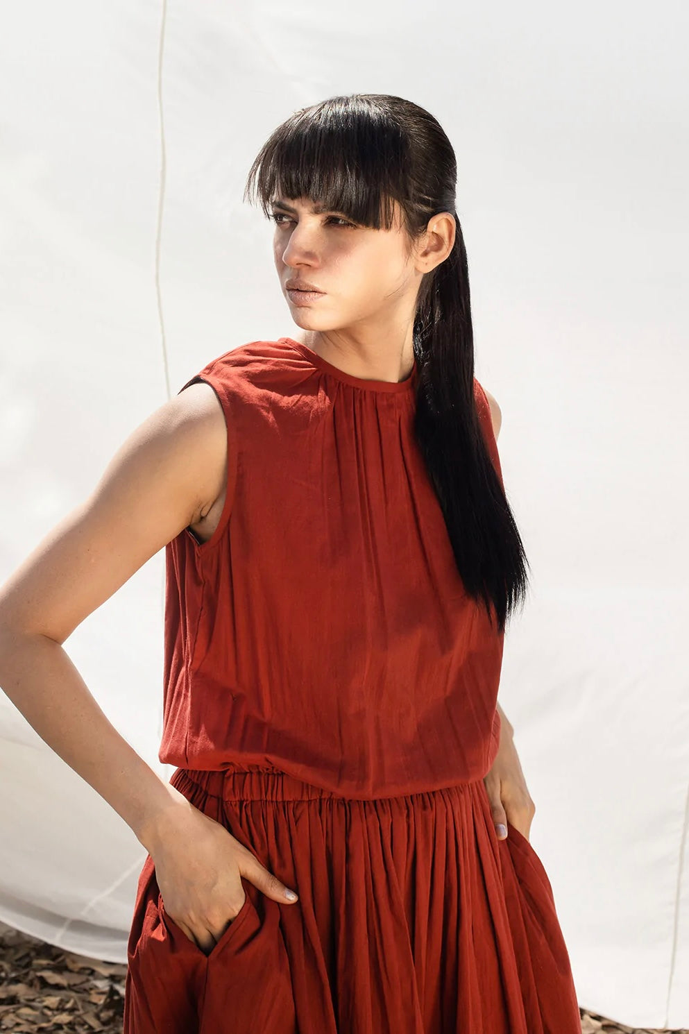 Primrose Path Sleeveless Midi Dress in Deep Red