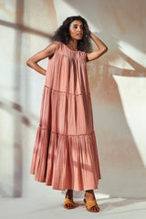 Rust Pink Sleeveless Tiered Maxi Dress