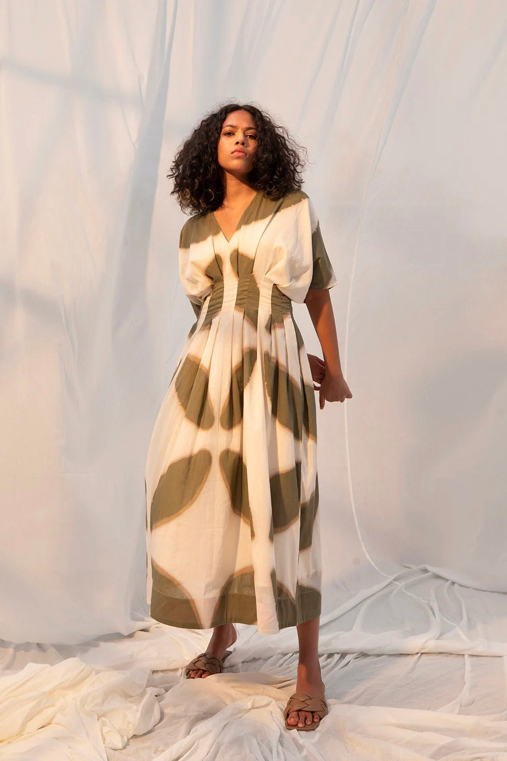 Phyllis Wasabi Green Midi Dress - Shibori Dyed
