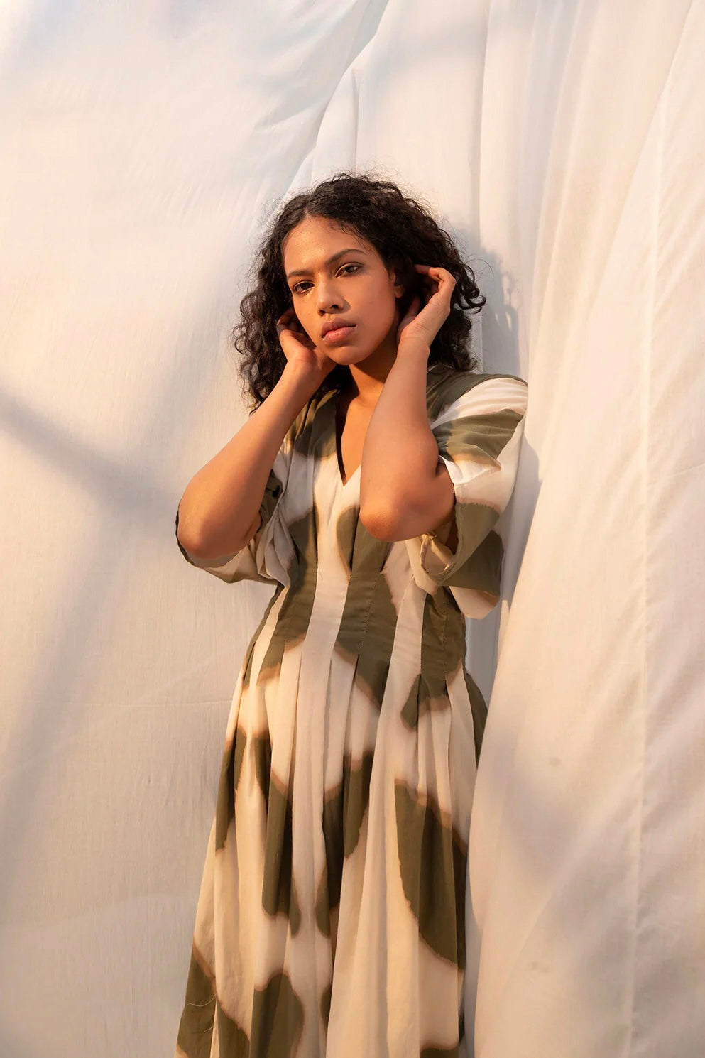 Phyllis Wasabi Green Midi Dress - Shibori Dyed