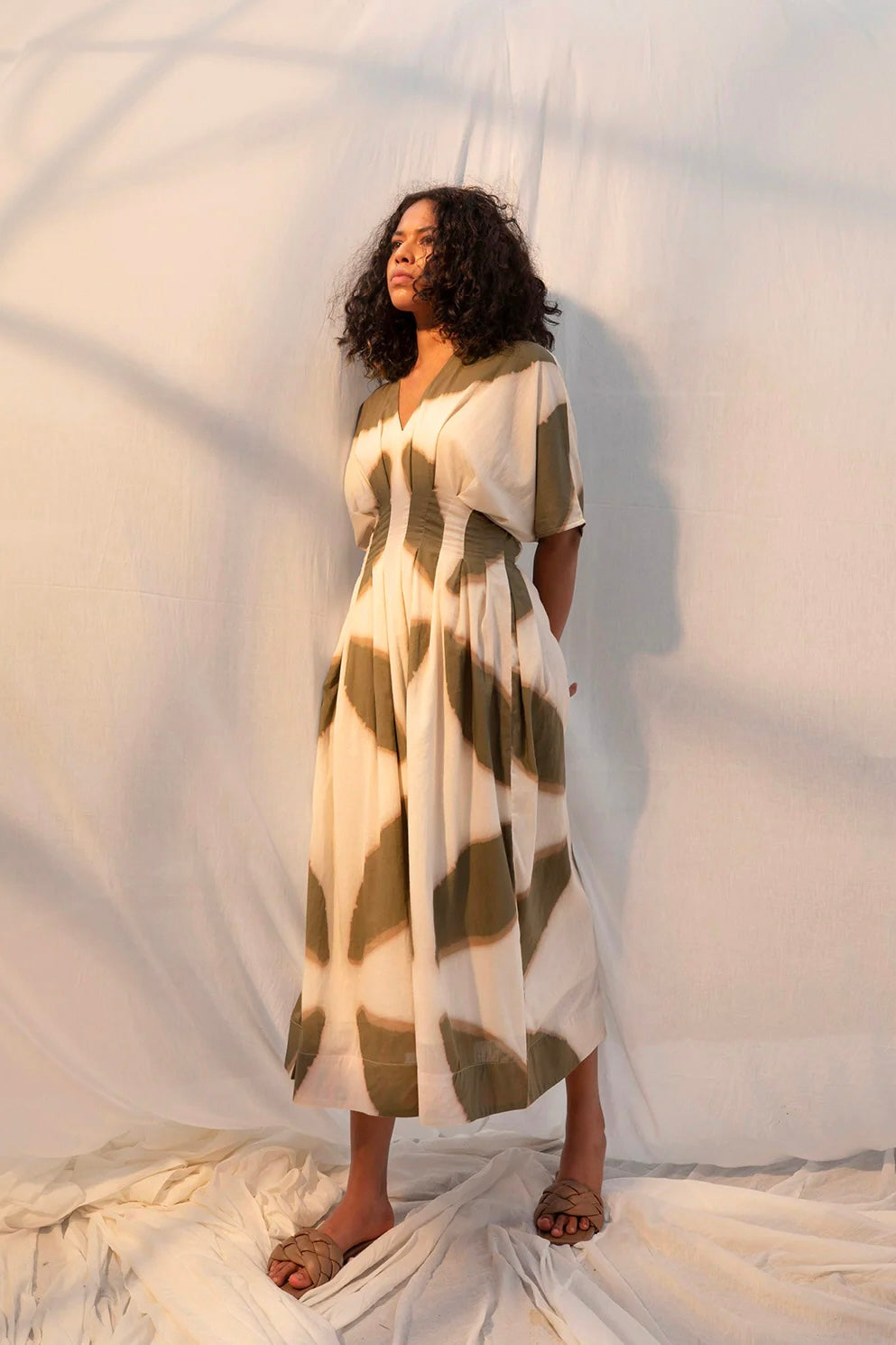 Phyllis Wasabi Green Midi Dress - Shibori Dyed