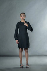 Black Mini Puff Sleeve Dress With Wave Pleats - IndigOz