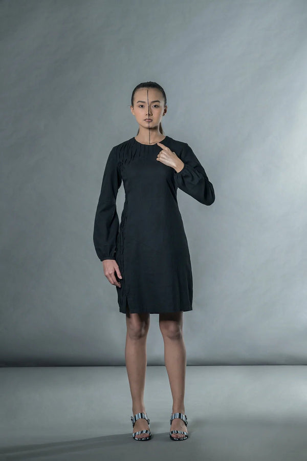 Black Mini Puff Sleeve Dress With Wave Pleats - IndigOz