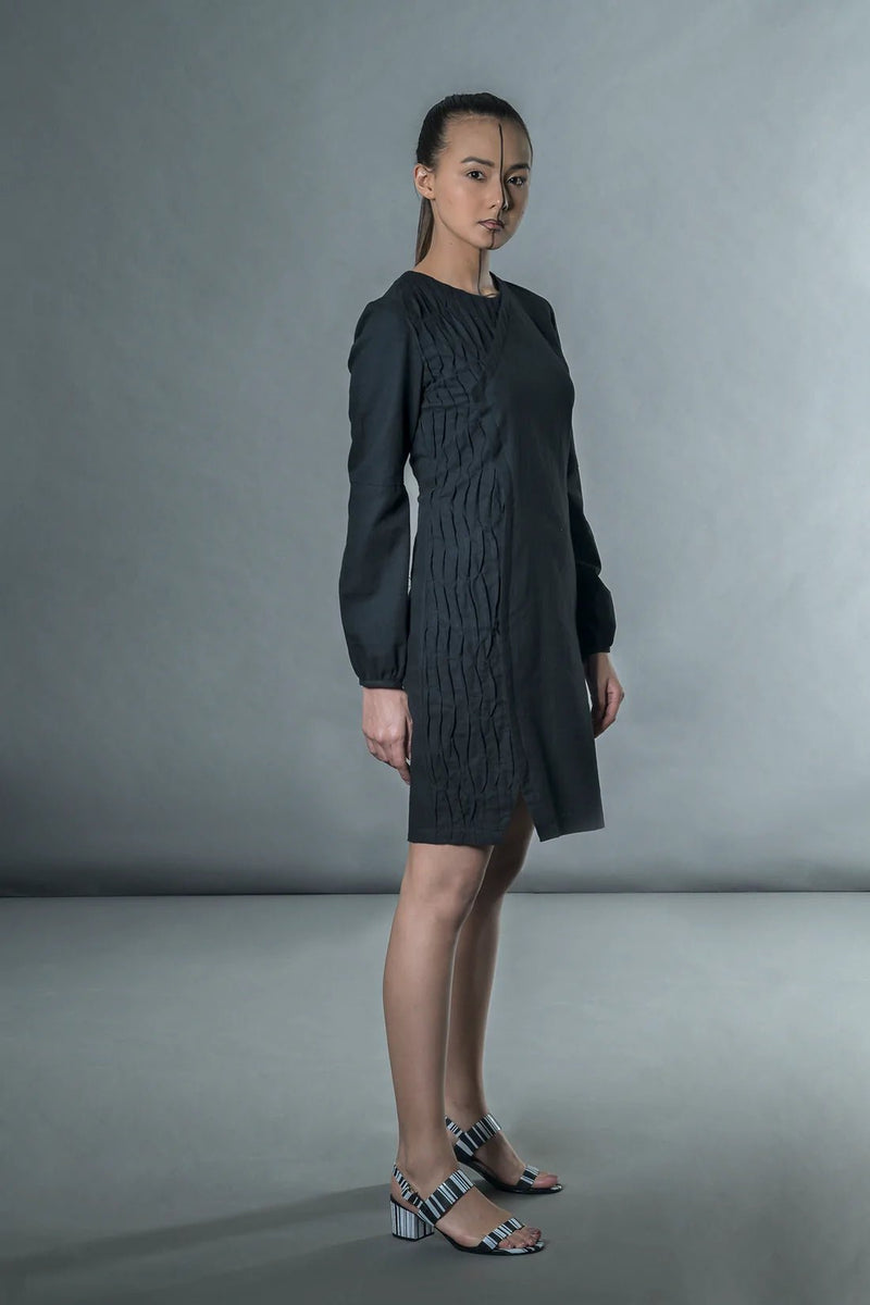 Black Mini Puff Sleeve Dress With Wave Pleats - IndigOz