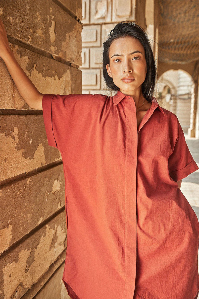 Deep Orange Shirt Dress - IndigOz