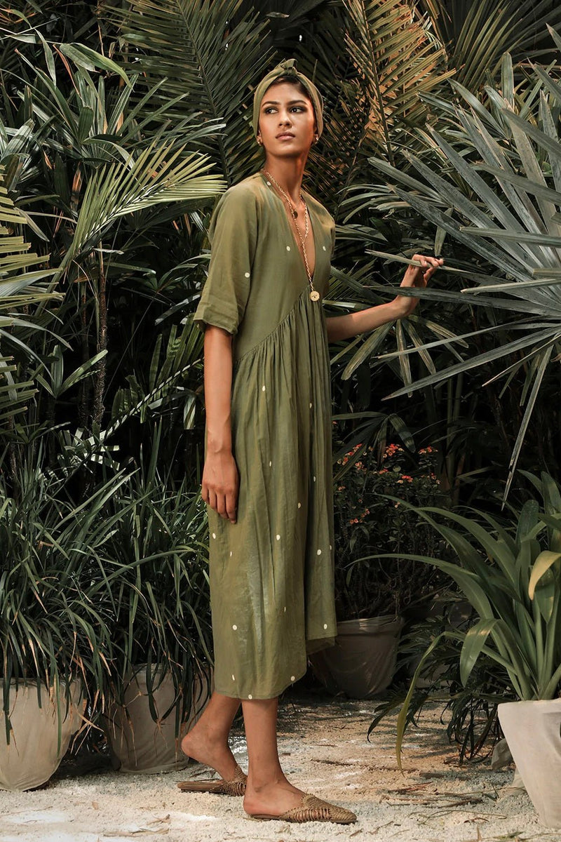 Dewdrops In The Garden Midi Dress in Sage Green - IndigOz