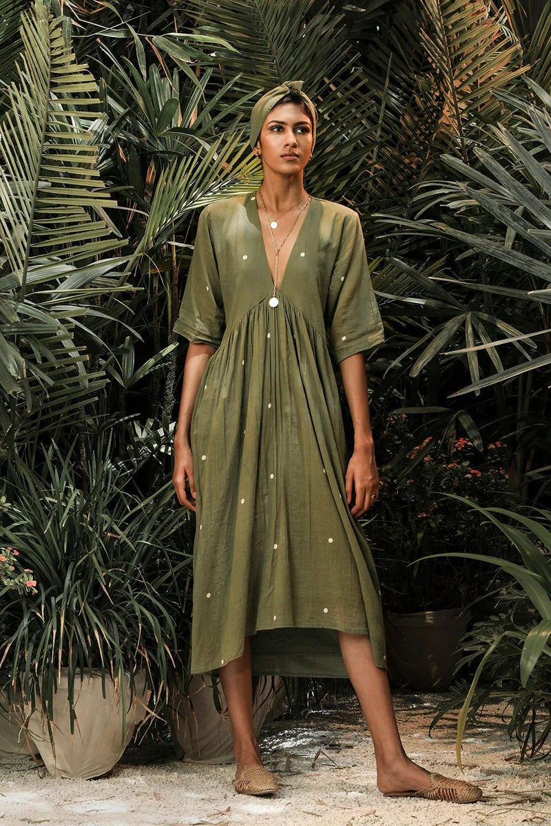 Dewdrops In The Garden Midi Dress in Sage Green - IndigOz