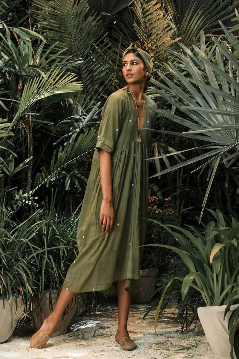 Dewdrops In The Garden Midi Dress in Sage Green - IndigOz