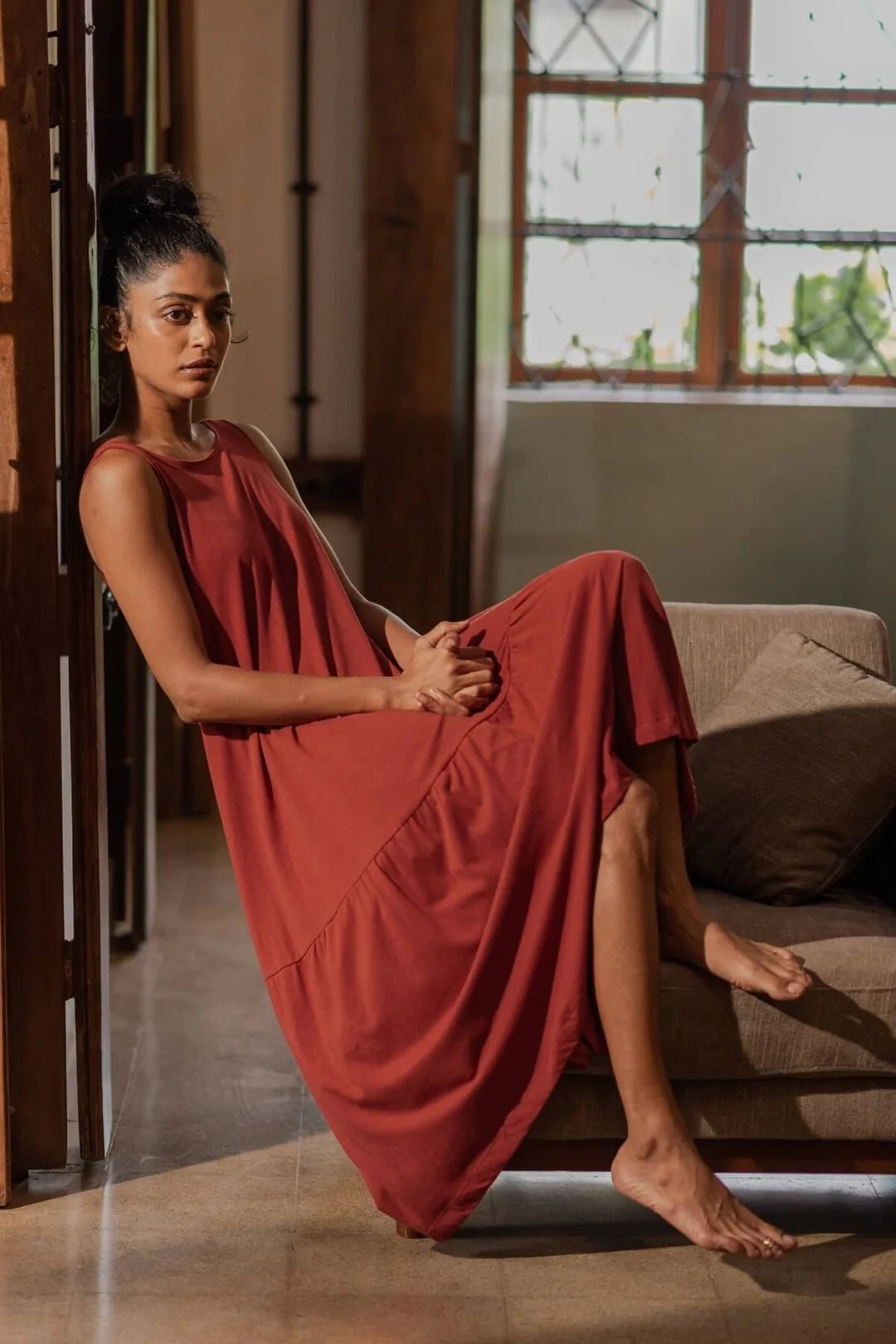 Dusk Sleeveless Midi Dress in Red - IndigOz