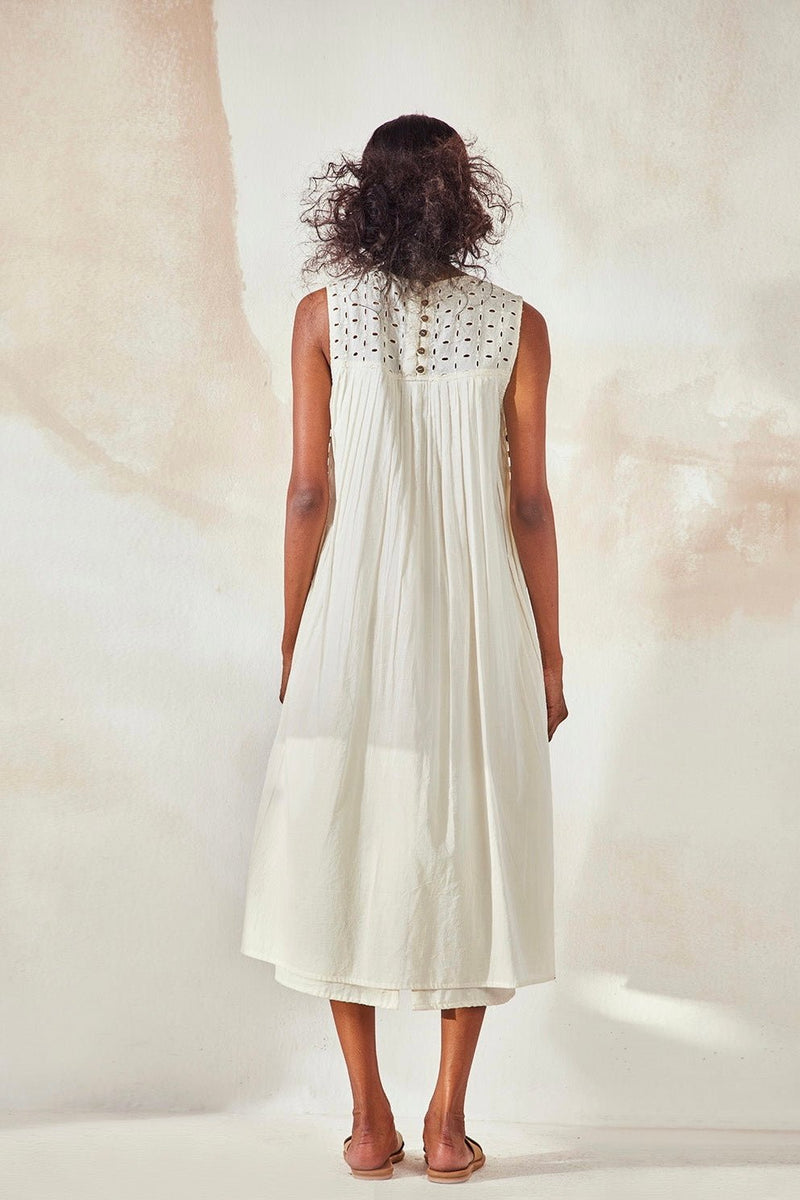 Egg Shell Sleeveless Midi Dress with Cutwork Detail - IndigOz