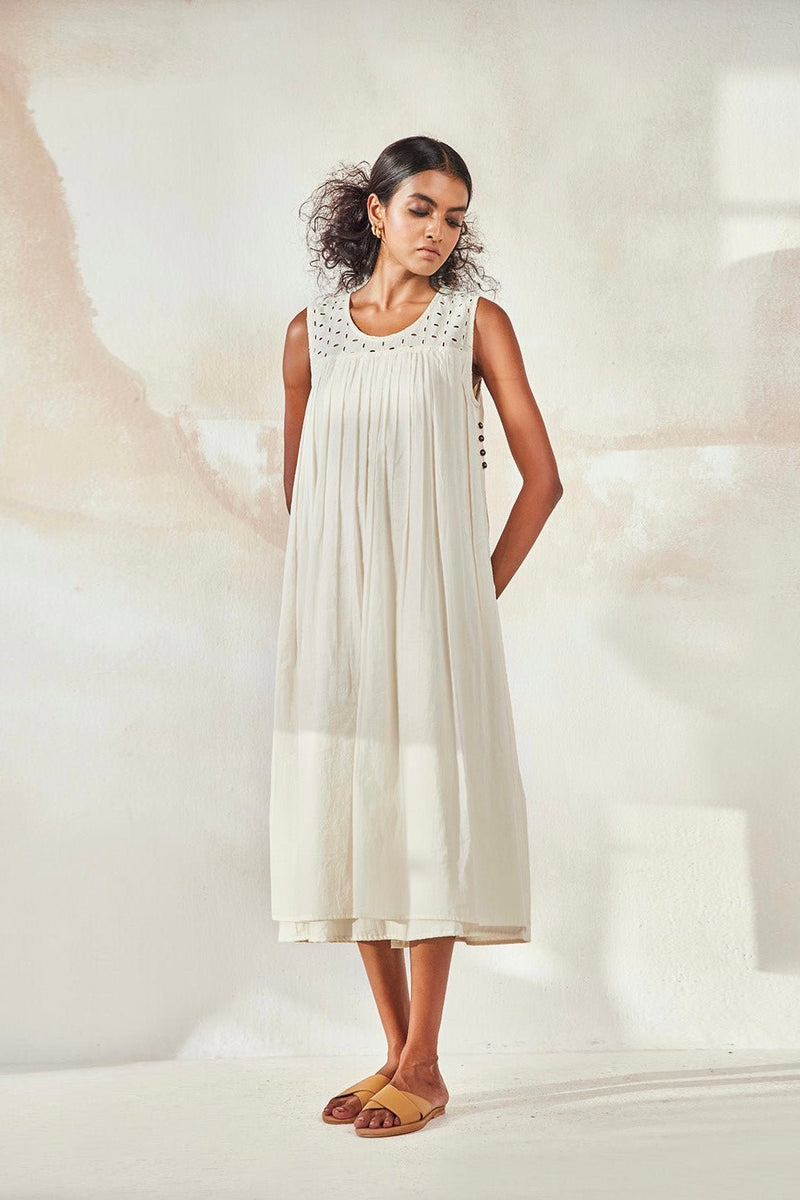 Egg Shell Sleeveless Midi Dress with Cutwork Detail - IndigOz