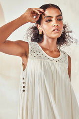 Egg Shell Sleeveless Midi Dress with Cutwork Detail - IndigOz