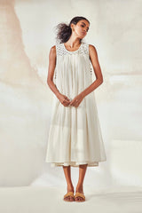 Egg Shell Sleeveless Midi Dress with Cutwork Detail - IndigOz