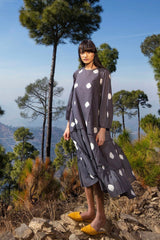 Fault Lines Shibori Dyed Midi Dress in Charcoal Black - IndigOz