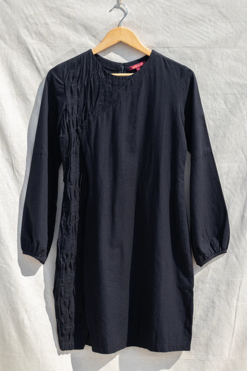 Black Mini Puff Sleeve Dress With Wave Pleats