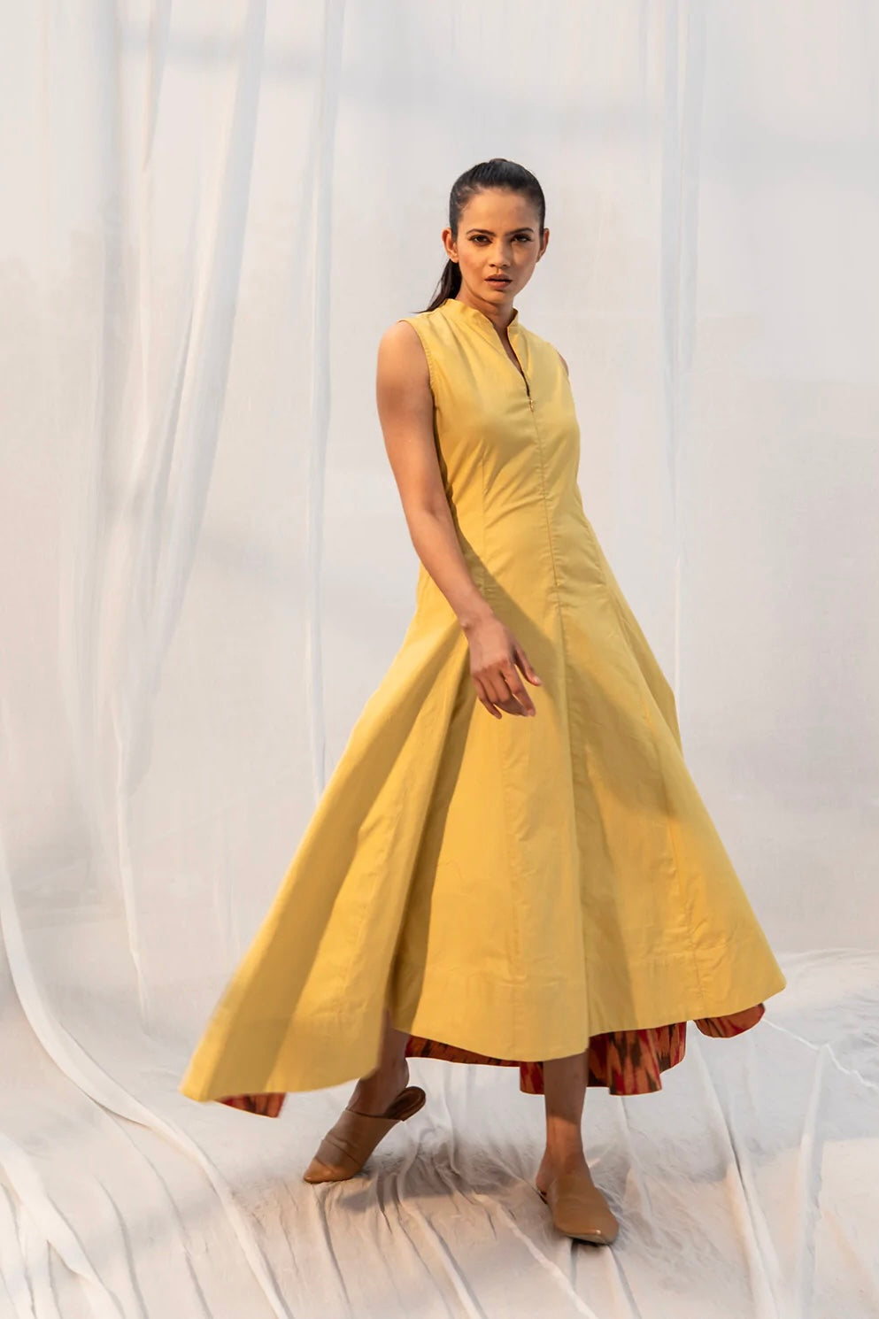 Melita Midi Dress - Yellow with Ikat Detailing