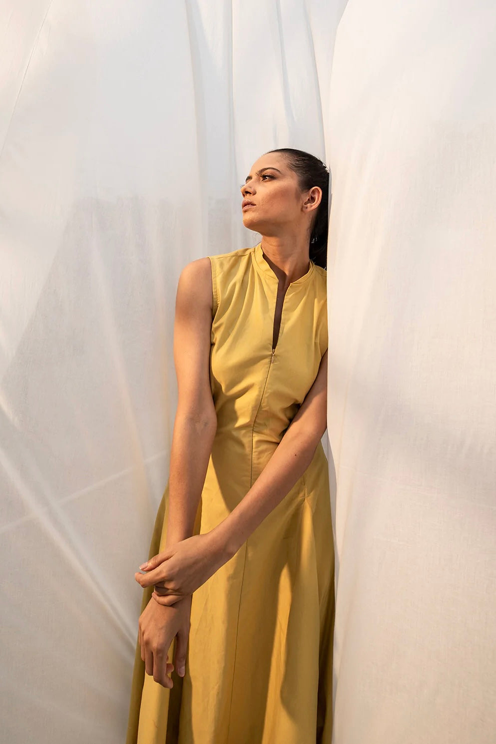 Melita Midi Dress - Yellow with Ikat Detailing