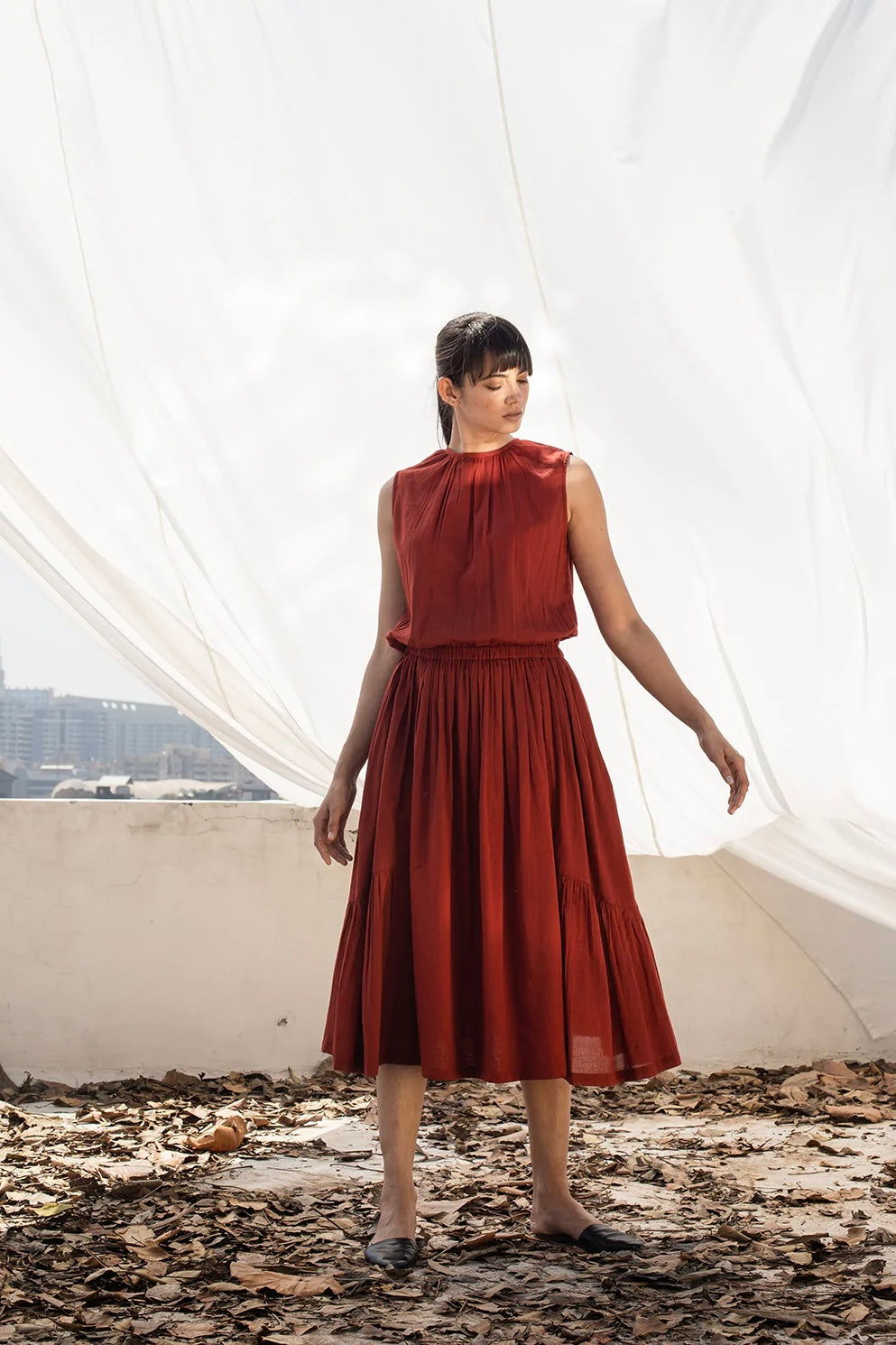 Primrose Path Sleeveless Midi Dress in Deep Red