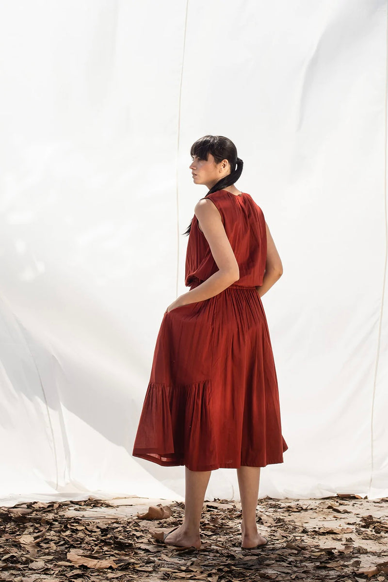 Primrose Path Sleeveless Midi Dress in Deep Red