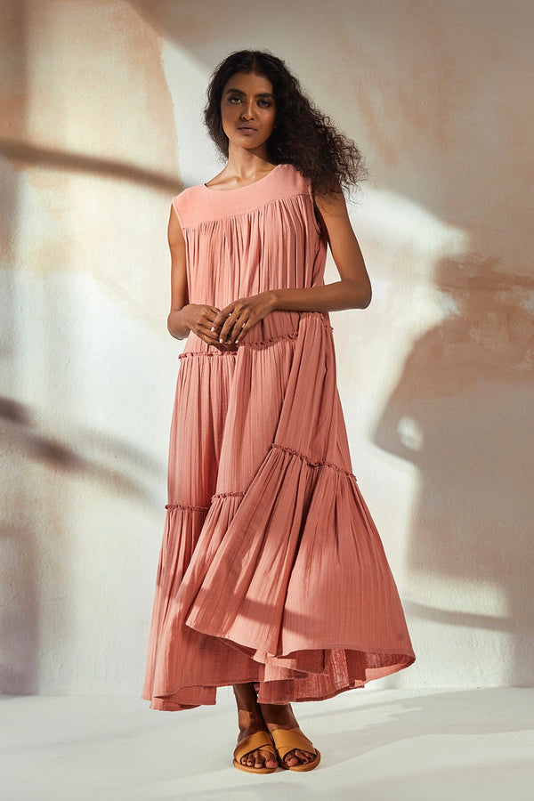 Rust Pink Sleeveless Tiered Maxi Dress