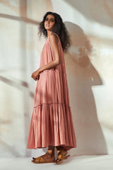 Rust Pink Sleeveless Tiered Maxi Dress
